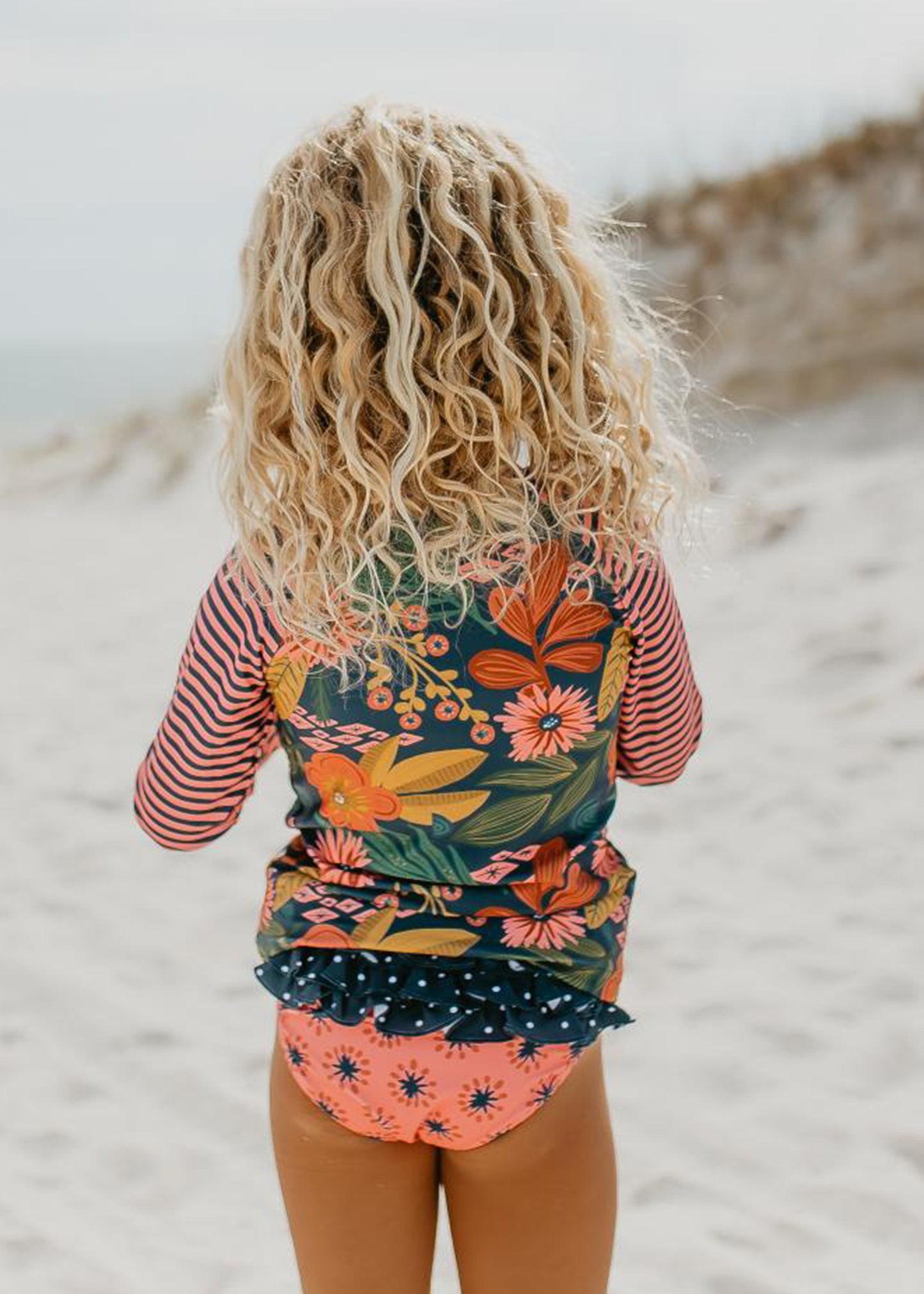 Kids L.S. Navy Tropical Rash Guard Ruffle Swimsuit