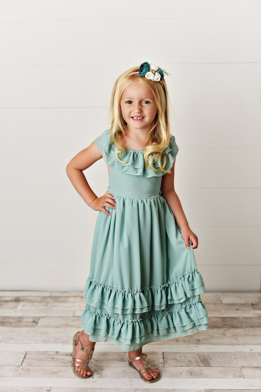 Kids Mint Spring Easter Fancy Ruffle Back Dress