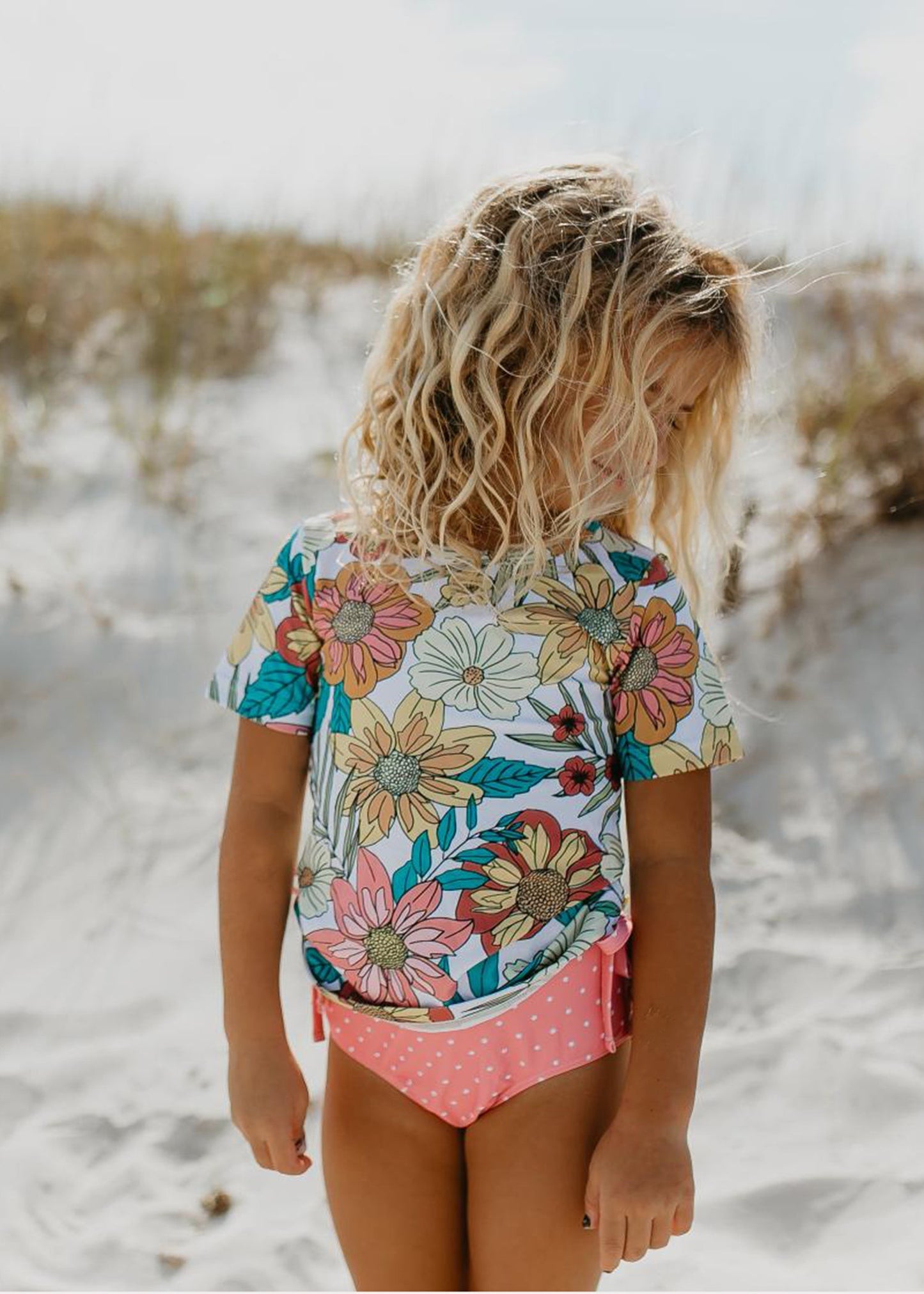 Kids Pink Tropical Rash Guard Ruffle Swimsuit