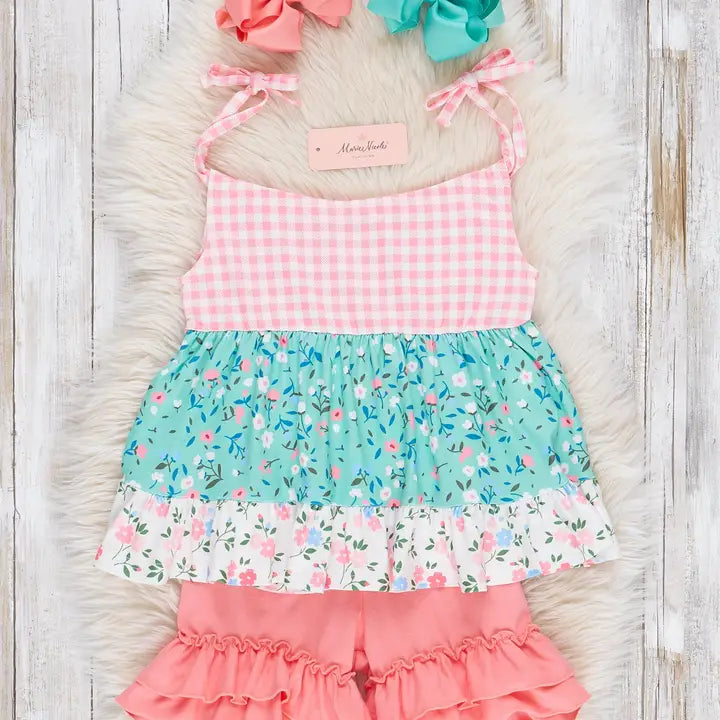 Teal & Peach Gingham Garden Tie Ruffle Outfit