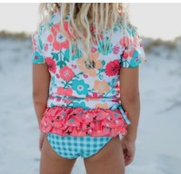 Teal Gingham & Floral Rash Guard Ruffle Swimsuit