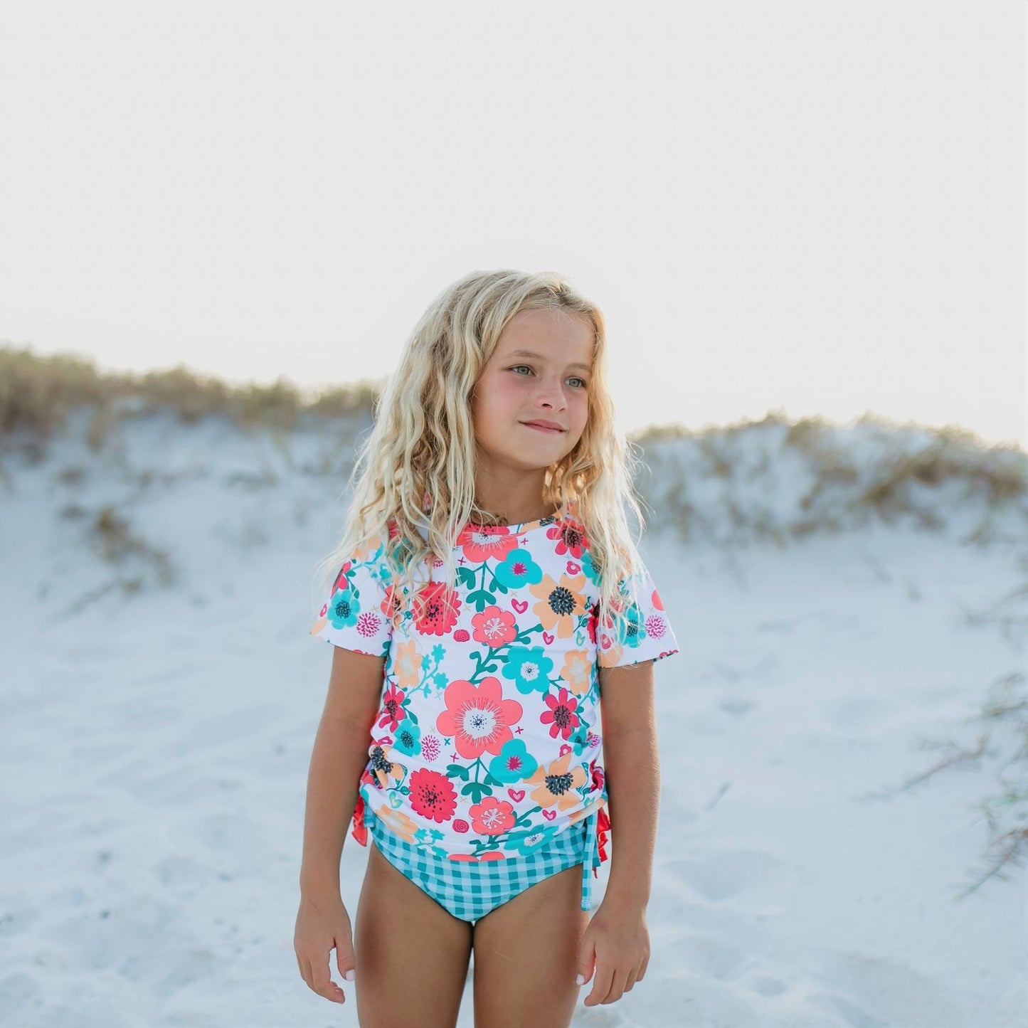 Teal Gingham & Floral Rash Guard Ruffle Swimsuit