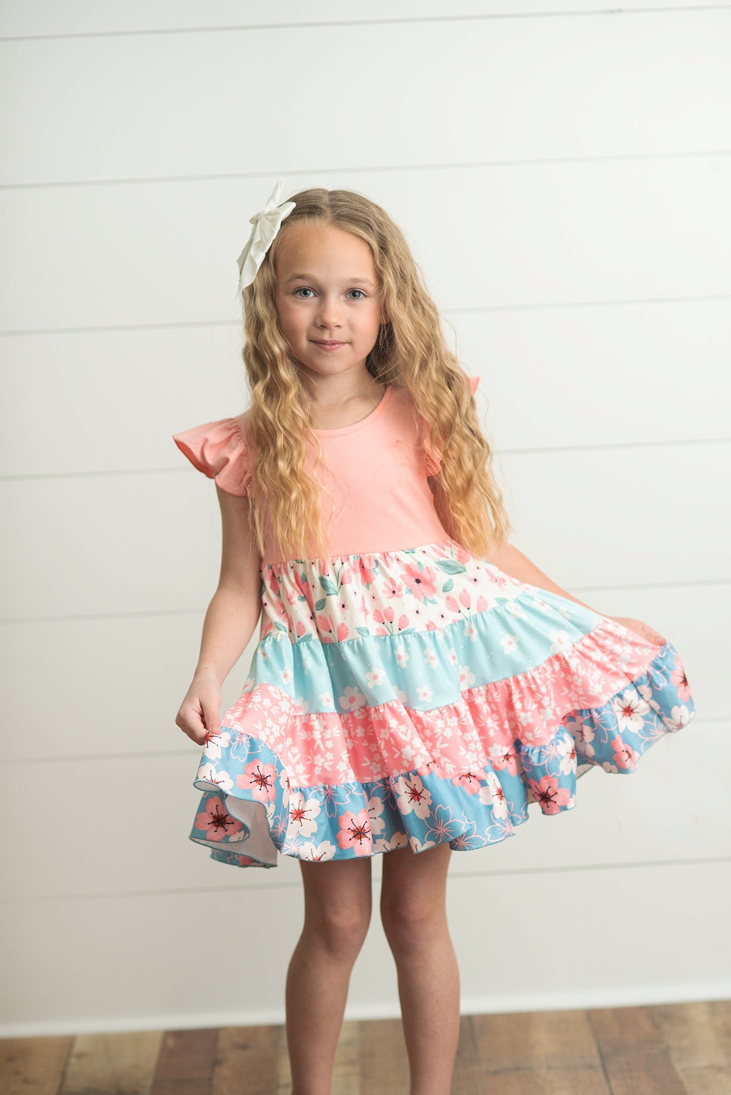 Kids Blue & Pink Floral Print Tiered Easter Dress