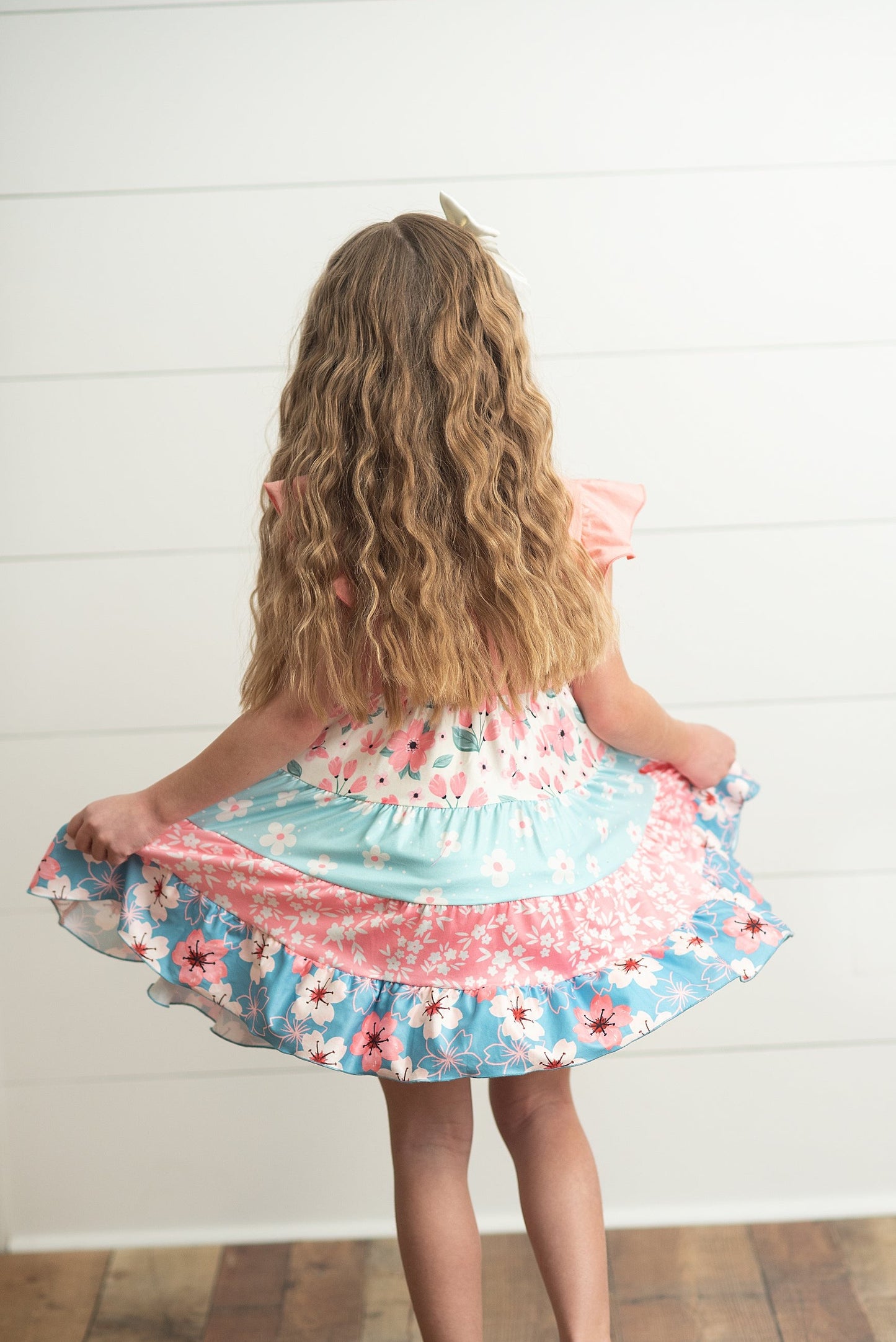 Kids Blue & Pink Floral Print Tiered Easter Dress