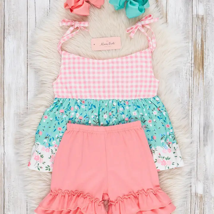 Teal & Peach Gingham Garden Tie Ruffle Outfit