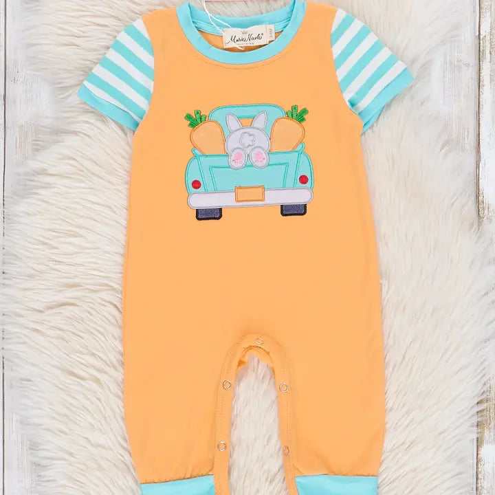Orange Bunny Truck Embroidered Romper