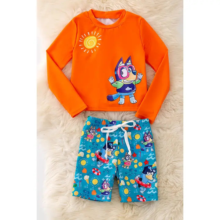 Orange and Turquoise Printed Boys Swim Set