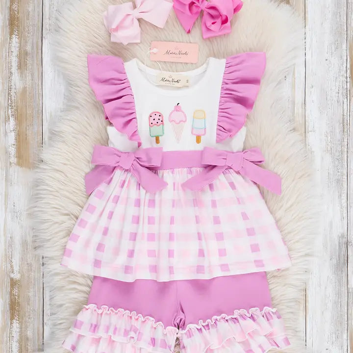 Embroidered Ice Cream Plaid Ruffle Outfit
