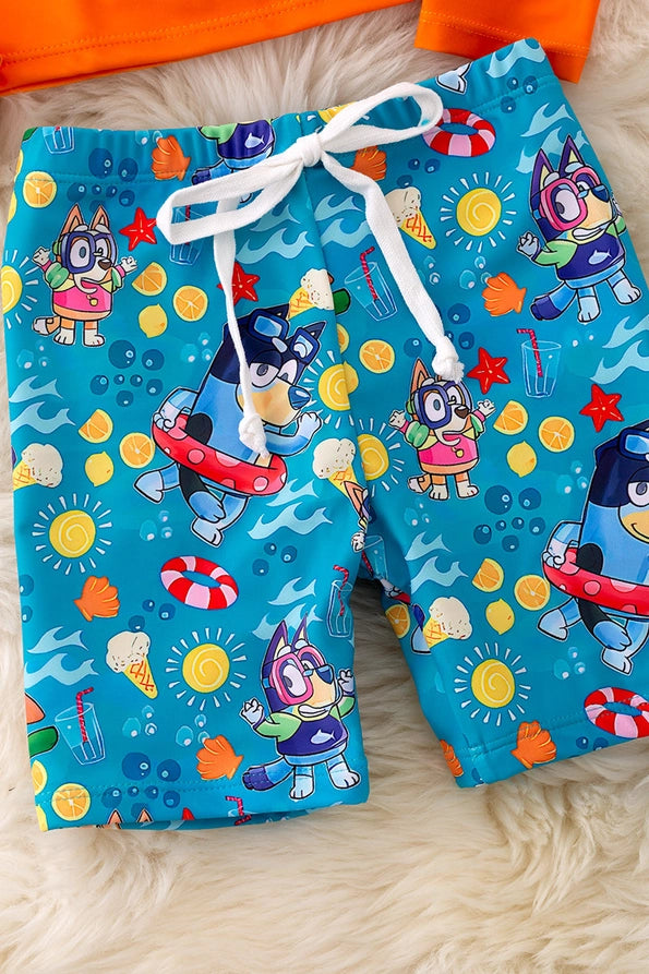 Orange and Turquoise Printed Boys Swim Set