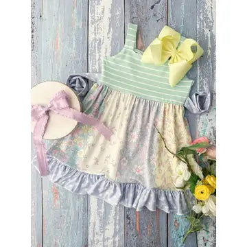 Mint Stripes & Floral Dreams Ruffled Tie Dress