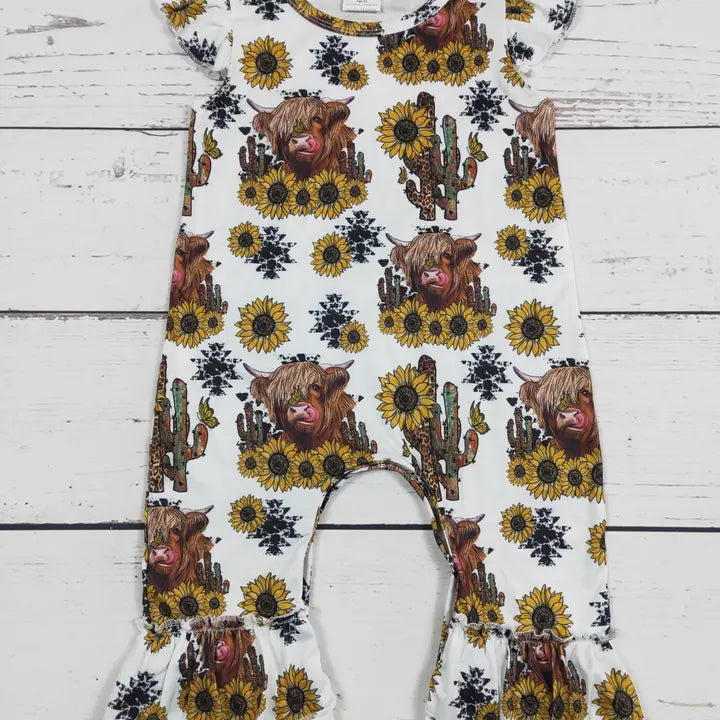 Cows Sunflower Printed Girls Ruffle Romper