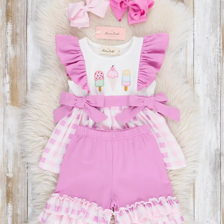 Embroidered Ice Cream Plaid Ruffle Outfit
