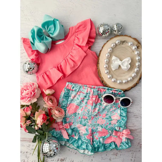 Pink & Aqua Floral Ruffle Shorts Set